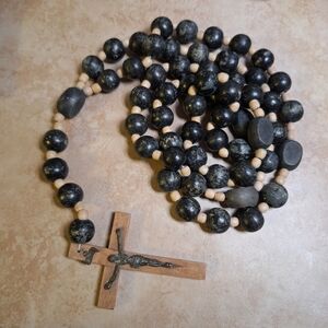Vintage Distressed Round Black Bead Rosary Beads With Wooden Crucifix 38"
